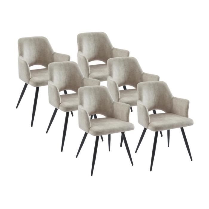 lot de 6 chaises avec accoudoirs en tissu et métal noir - beige - kadija - style vintage - pour salle à manger