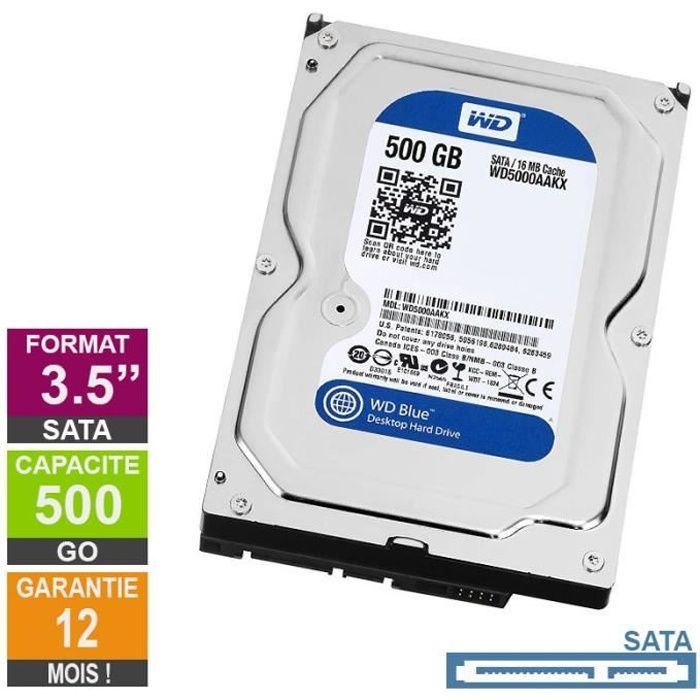 Disque Dur 500Go SATA 3.5 Western Digital Blue WD5000AAKX-753CA1 25mm 7200rpm 16Mo