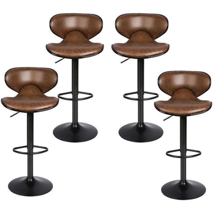 Willonin® 4 x Tabourets de bar avec dossier Chaises pivotants et réglables en hauteur Siège en cuir PU de forme papillon Marron