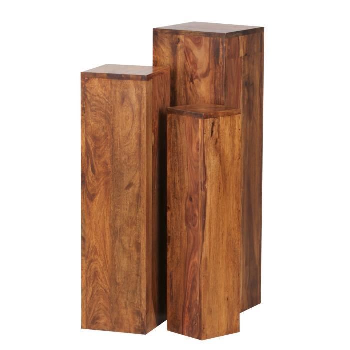 table d'appoint en bois massif wohnling wl1.566 - set de 3 colonnes décoratives - marron foncé - 24x85x24 cm