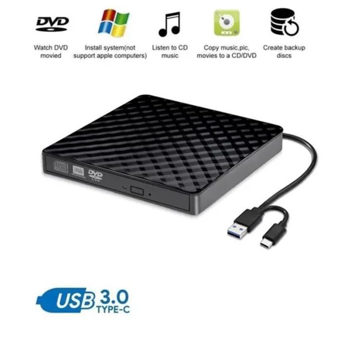 Lecteur CD DVD Externe, Graveur CD Externe avec USB3.0 Type-c, Slim CD/VCD /-RW/ROM Portable External Drive, PC, iMac, Macbook, Wind