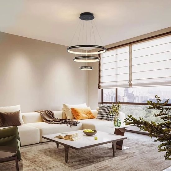 Lustre Carré à DEL Moderne, 3 Anneaux à Intensité Variable Pour Salon, Salle à Manger, Chambre à Coucher Et Foyer – Suspension à DEL Haut Plafond (noir