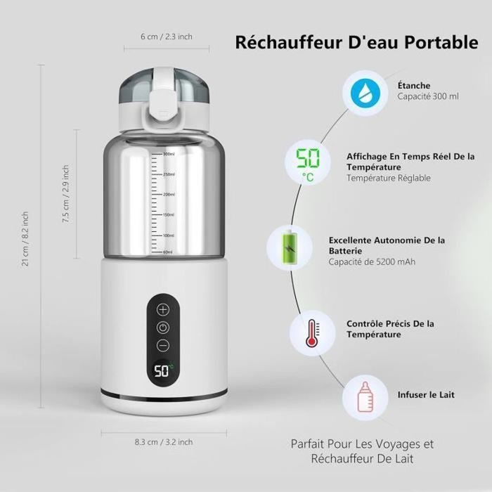 Chauffe Biberon Nomade 500ml - Portable Batterie 10000mAh, Chauffe Rapide, Température Réglable 35-55°C, Pasteurisation, Idéal Voyage