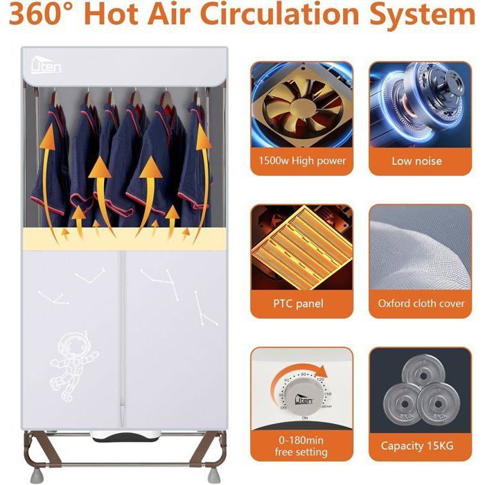 Sèche-linge électrique Pliable Avec étagères - 1300W, Capacité 500L - Minuterie 4h, Télécommande, UV - Pour Appartement (sans Installation)