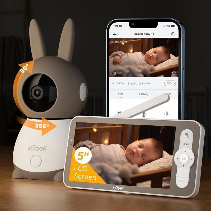 Babyphone Caméra 2K SIMBAILAI Avec Écran 5" Et Appli - Rotation 360°, Vision Nocturne, Détection Pleurs, Suivi Automatique - WiFi 2.4GHz
