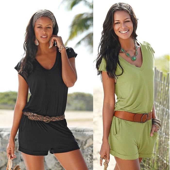 Minetom Combishort Femme D ete Col V Manche Court Jumpsuit Elastique Playsuit Combinaisons Romper Mini Short Sans Ceinture Noir Cdiscount Pret a Porter