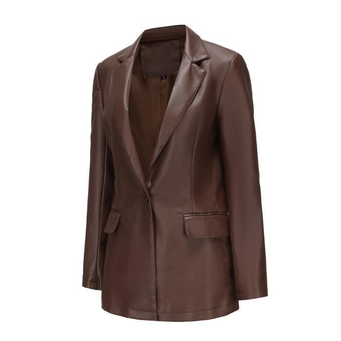 Blouson Femme Simili Cuir Printemps Et Automne Casual Veste De Costume Col Tailleur Couleur Unie Cafe