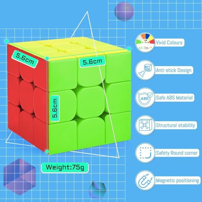 CUBE DE VITESSE 3X3 Speed Cube, Stickerless Cube Magique Facile À