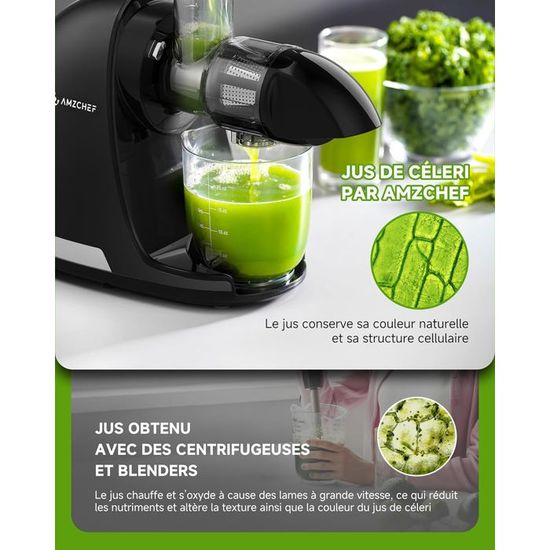 Extracteur De Jus AMZCHEF à Froid - Vitesse Lente 90-110 RPM, Sans BPA, 2 Tasses Incluses