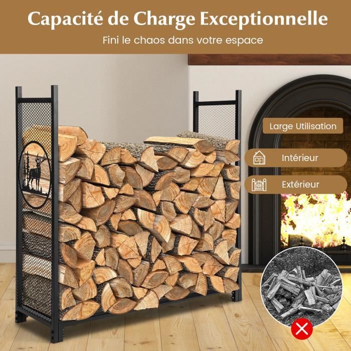 Étagère à Bois De Cheminée En Métal Noir - 90x60x20 Cm, Rangement Bûches Intérieur/extérieur, Facile à Monter - 2