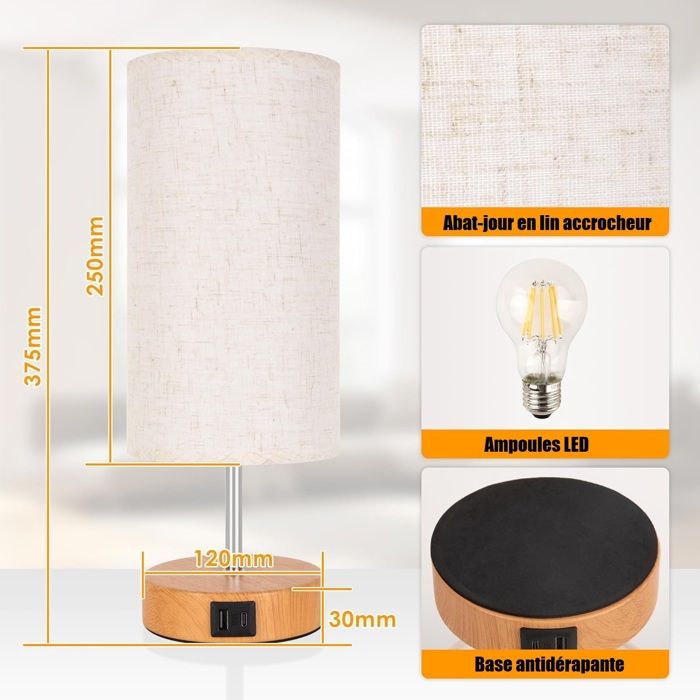 BESTA - Lampe de chevet avec port USB - Lampe de table à commande tactile  pour chambre à coucher en bois à 3 voies avec abat-jour rond en tissu lin  pour salon
