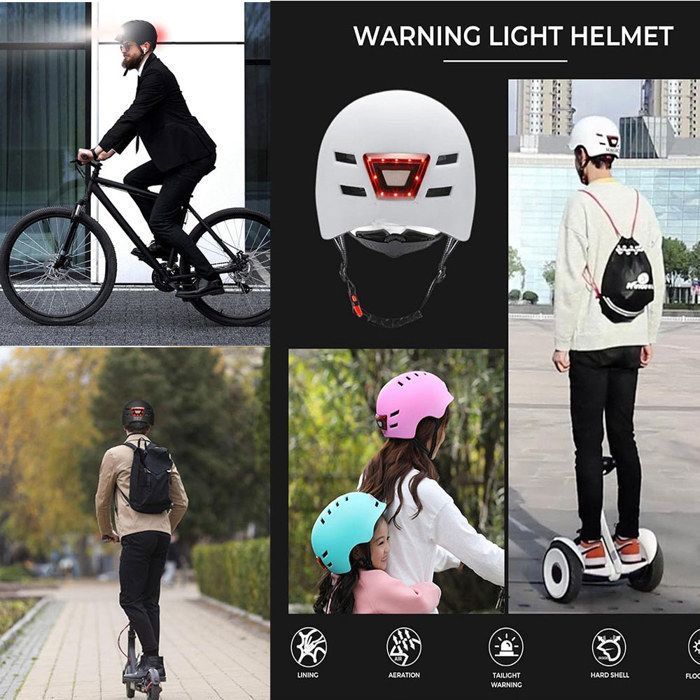 Casque Vélo Avec Lumières LED Avant Et Arrière - Rechargeable USB - Taille M/L Ajustable - Pour VTT, Scooter, Skate