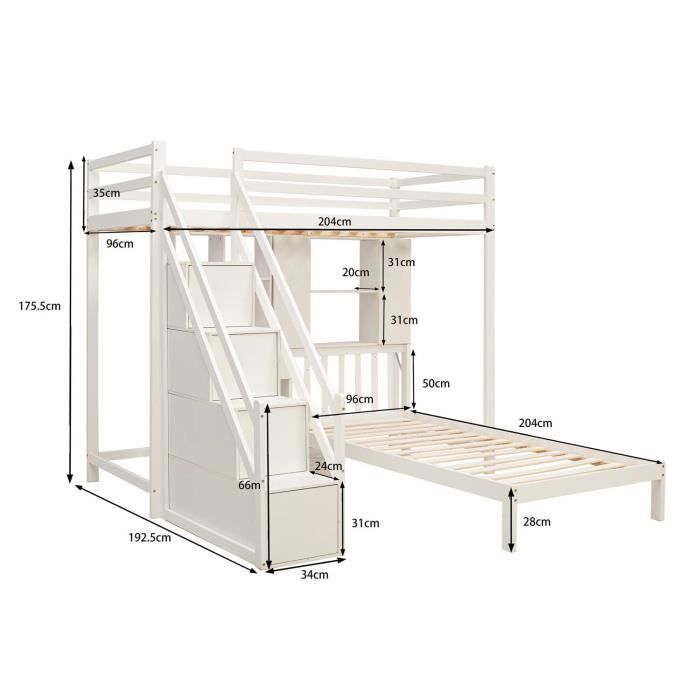 Lit mezzanine 90x200cm, lit enfant avec escalier de rangement et bureau,  sommier à lattes, cadre en pin, blanc - Conforama