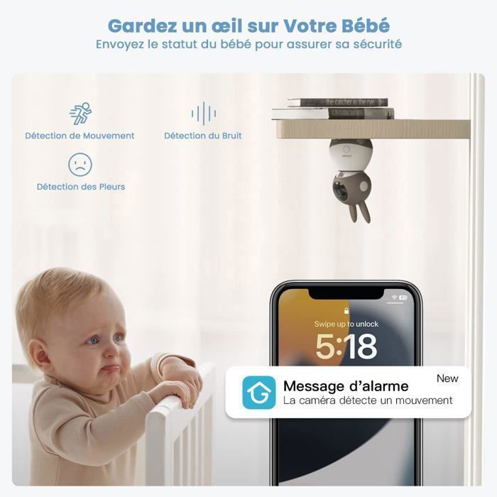 Babyphone Caméra 2K/5" - Visio Nocturne, Suivi Auto, Alertes - Connexion App Smartphone - Double Bande 2.4G/5G - 6