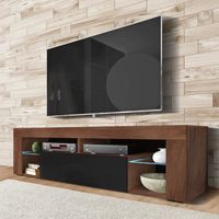 Meuble TV - BIANKO - 140 cm - chêne caravaggio / noir brillant - avec LED - style moderne - tablettes en verre