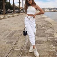 Pantalons de jogging à la mode pour femmes Lâche Streetwear Pantalon cargo taille haute blanc