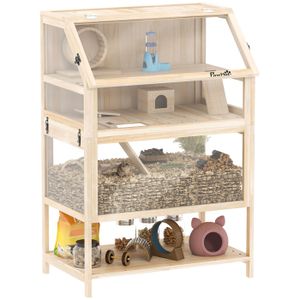 Cage pour hamster - habitat pour rongeur - PawHut - 3 étages avec panneau acrylique et roue - bois - XXL, 80x53x117cm - effet bois