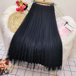 JUPE Rimocy-Jupe longue taille haute en maille perlée pour femme,jupe plissée trapèze,vêtements des deux côtés,velours- Black[F5659]