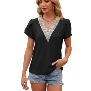 T-SHIRT T-shirt femmes Dentelle patchwork V - neck ample manches courtes Noir