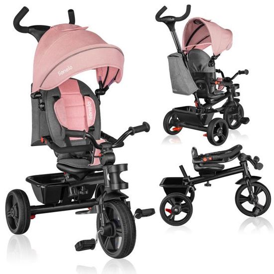 LIONELO Haari - Tricycle bébé évolutif - Jusqu'à 25 Kg - Siège réversible - Grand Panier Sac - Porte-gobelet - Roue Libre - Rose