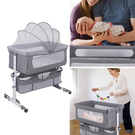 3 En 1 Berceau Cododo Avec Roues Portable,Lit Bébé Multifonctionnel Avec Matelas,Filet Respirant,Dès La Naissance,Gris,NOUVEAU