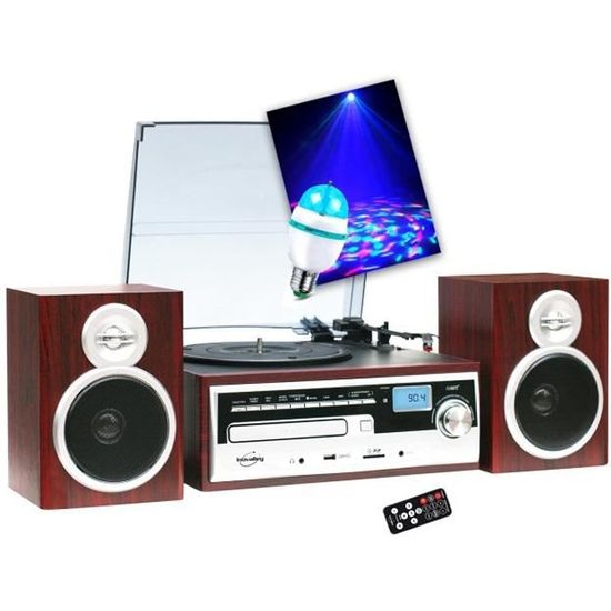 Chaîne Hifi Inovalley CH14E tourne disque vinyle 80W, Cd, Bluetooth, FM et USB, télécommande, Ampoule DIAMS LED