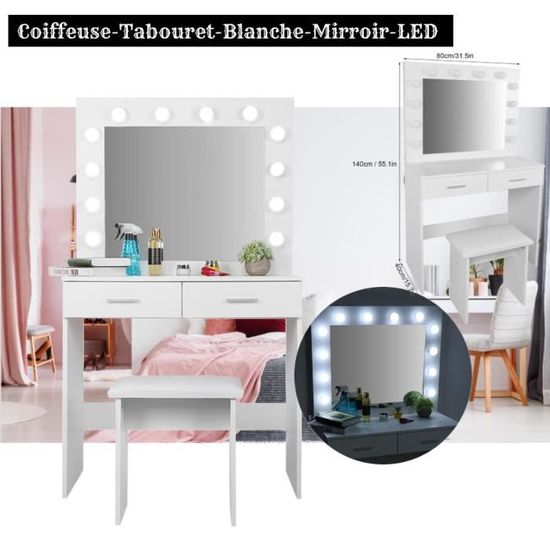 Belleshop - Coiffeuse -  Table de Maquillage -  avec Miroir Tiroirs Tabouret Ampoules LED Blanc - 96821