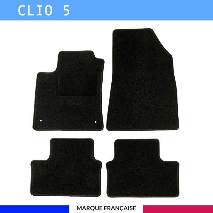 Tapis de sol voiture - Sur mesure pour Renault CLIO 5 et CLIO 5 E-TECH dès 06/2020 - Antidérapant - Clips et Scratch - 4 pièces