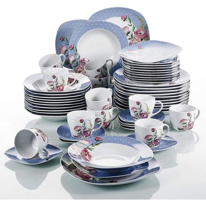 VEWEET Service de table en porcelaine de 60 pièces, série 'Hannah' Service de table pour 12 personnes, service de café
