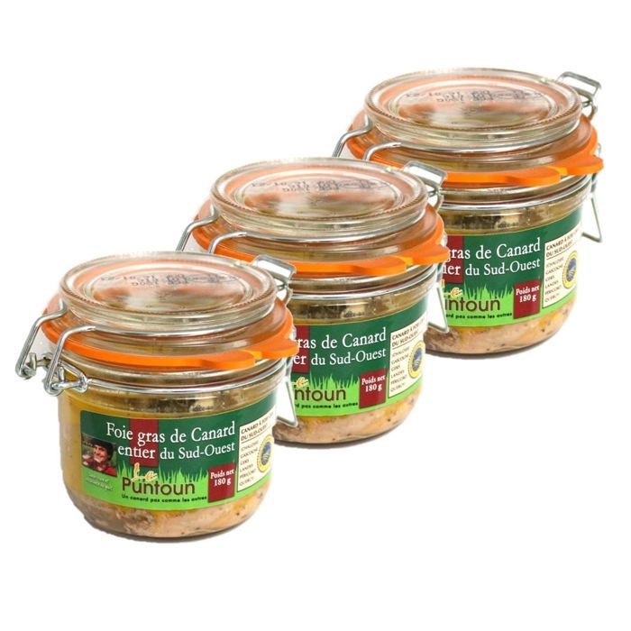 Lot 3x Foie gras de canard entier du Sud Ouest IGP - La Ferme du Puntoun - bocal : 180g