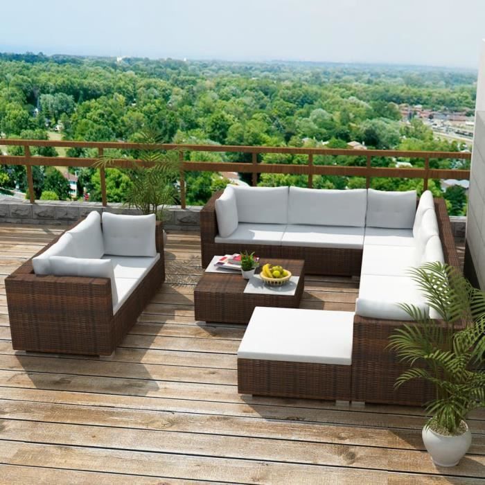 Salon de jardin 10 pcs avec coussins Résine tressée Marron