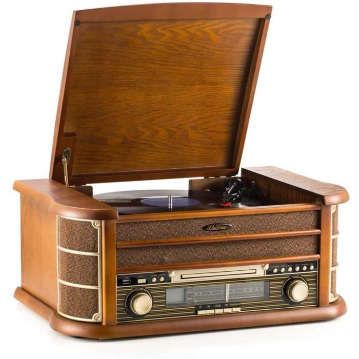 SHUMAN Chaîne Stéréo en Bois 7 en 1 - Platine Vinyle , Lecteur CD ,Lecteur MP3,sans Fil ,Port USB ,Tuner Radio FM ,Enregistrement,So