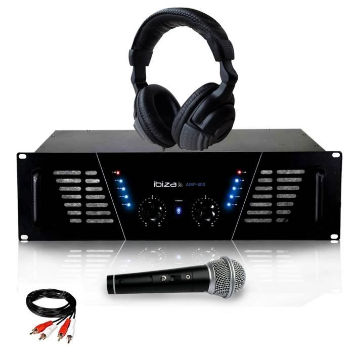 Amplificateur sono Dj 2 x 600W Max IBIZA SOUND AMP-800 + Casque Audio + MICRO et Câble RCA de liaison