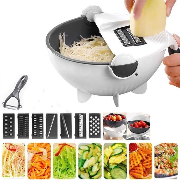 DAMILY® Coupe légumes portable 9 en 1 - Avec panier de vidange rotatif - Râpe cuisine - Blanc