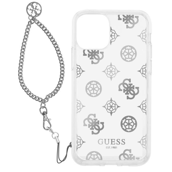Coque Apple iPhone 12 et 12 Pro à Motif Logo 4G avec Chaîne Guess Transparente Gris