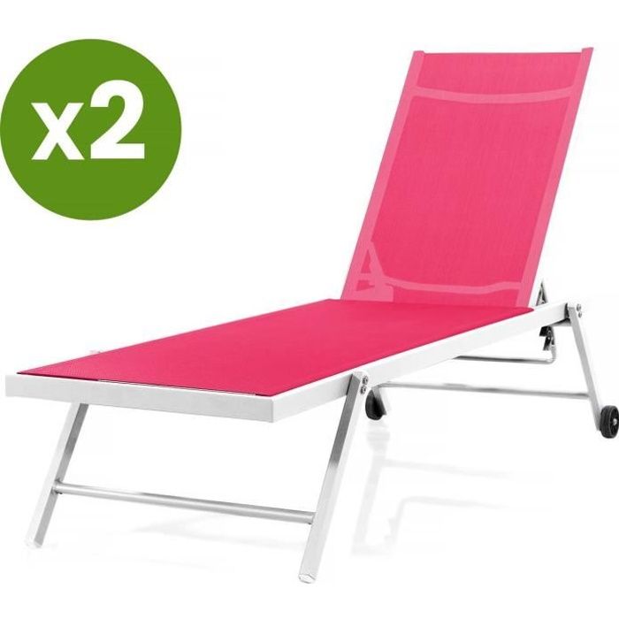 Lot de 2 Bain de soleil textilène matelassé et aluminium -Jolia- - Phoenix - Fuschia / Blanc