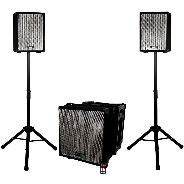 Caisson bi-amplifié mp3 800W + 2 satellites +pieds