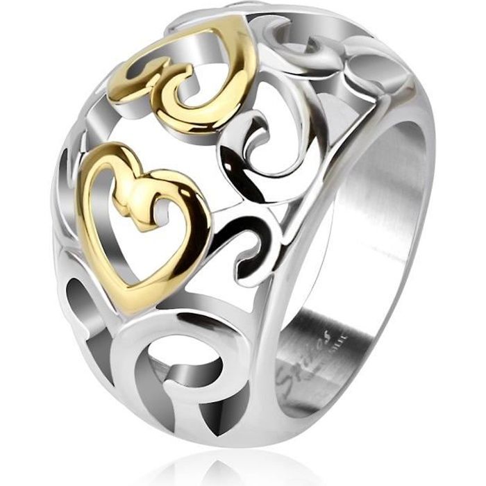 Bague chevalière femme acier en forme bouquet de coeurs spirale (57)