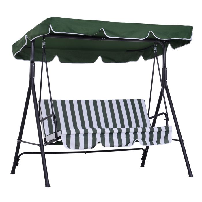 Balancelle de jardin 3 places toit inclinaison réglable coussins assise et dossier 1,72L x 1,1l x 1,52H m acier noir polyester vert