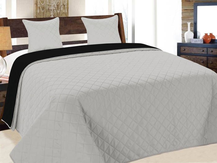 Couvre-Lit Quilt Matelassé avec 2 taies doreiller 40x40 cm- Gris Clair Noir 010 180x220 cm