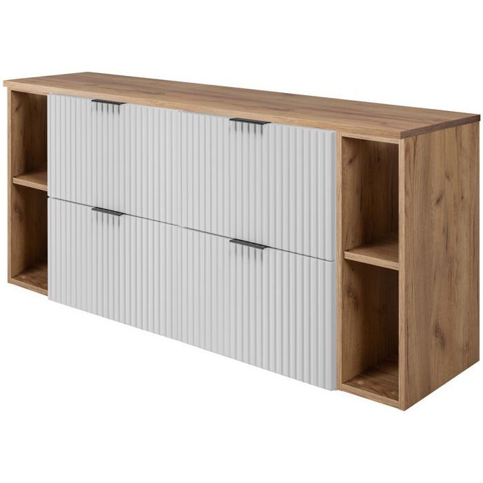 Meuble de Salle de Bain Suspendu Sous Vasque avec 2 Étagères Extensions et Plan FLOW – Blanc/Chêne – 160 cm