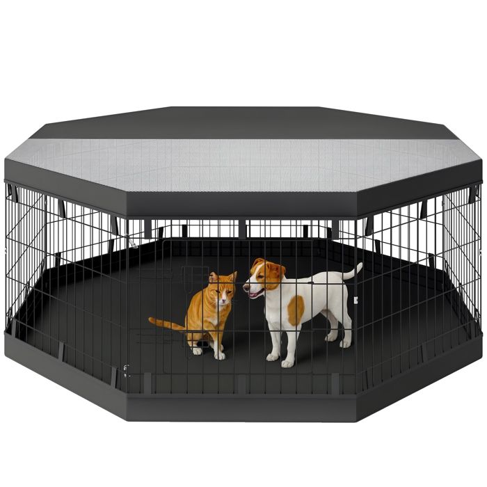 Parc pour chien - PawHut - 8 panneaux pliables - avec porte - couverture supérieur inférieure - acier - 61 x 61 cm - noir