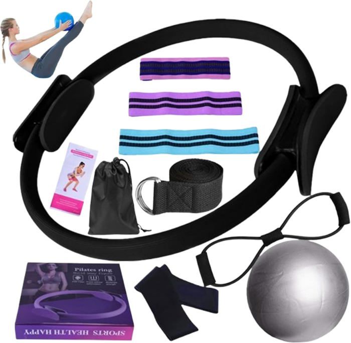 Kit Pilates & Yoga TUONU - Bague Magique, Ballon, Bande élastique - Noir - 2 Ans Garantie