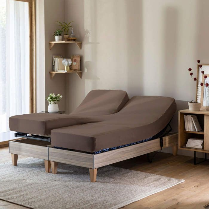 Drap housse noisette pour lit articulé jersey extensible 2x70x190 - Marron noisette - Terre de Nuit