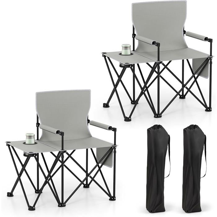 Lot de 2 Chaises Pliantes de Jardin Extérieur COSTWAY avec Table Latérale Poches de Rangement Porte-gobelet Sac de Transport Gris