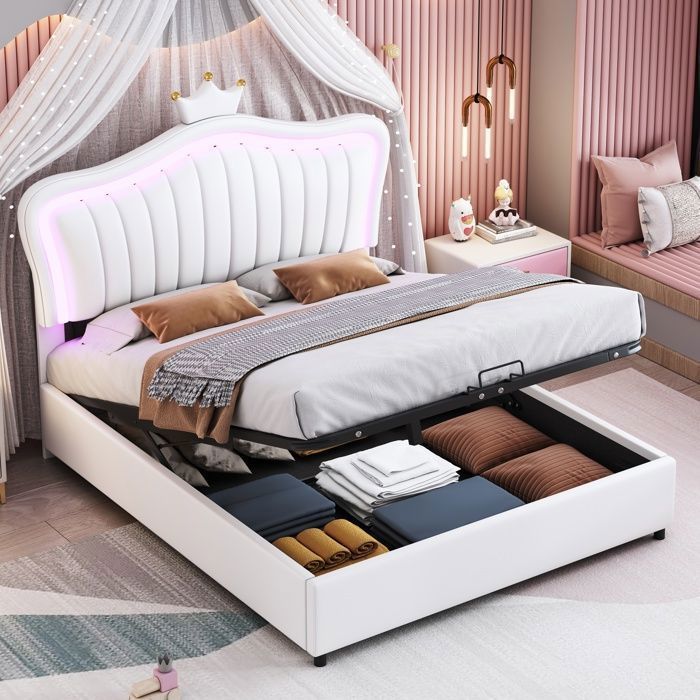 Lit enfant 140x200 cm lit coffre hydraulique cadre de lit simple fille avec éclairage LED dossier cuir PU blanc