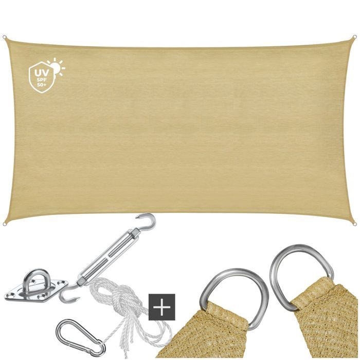 Voile dombrage - TECTAKE - Protection solaire SUNNY extérieur en HDPE indéchirable avec protection UV imperméable 2x4m - Sable