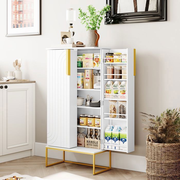 Armoire de cuisine - HOLTICO - Buffet de cuisine blanc moderne - 2 portes avec rainures - 118x59x30 cm Blanc Or