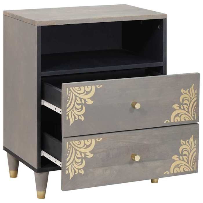Cabinet de chevet en bois de mangue - GKO - Gris - 50x33x62 cm - 2 tiroirs - Étagère - Avant peint à la main