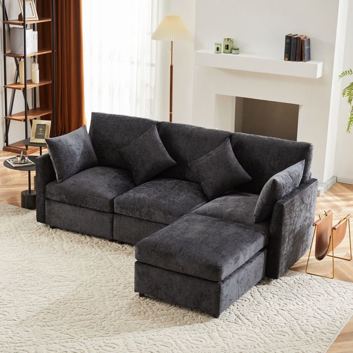 Canapé dangle en L - MODERNLUXE - 216x161x81 cm - 3 places - Repose-pieds amovible - Chenille - Gris - Confort extrême